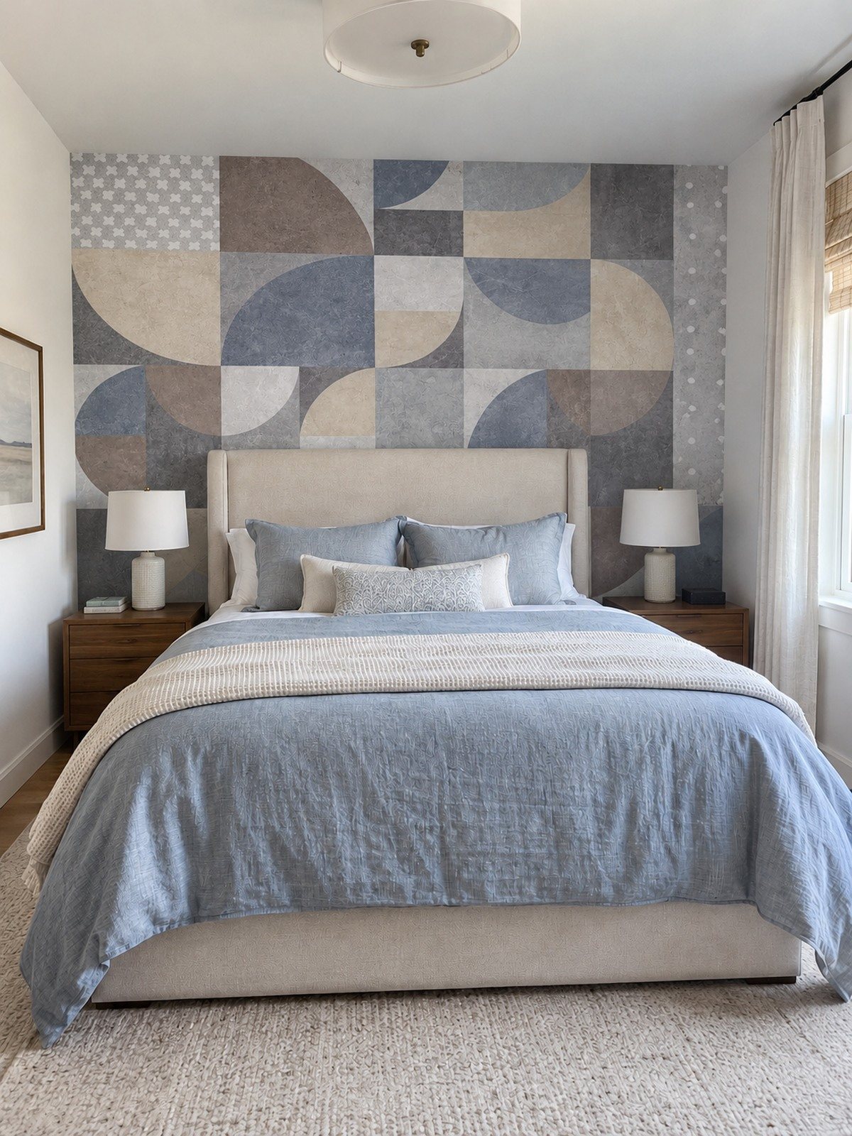 Ταπετσαρία PASTEL GEOMETRIC πίσω από μονόχρωμο κεφαλάρι