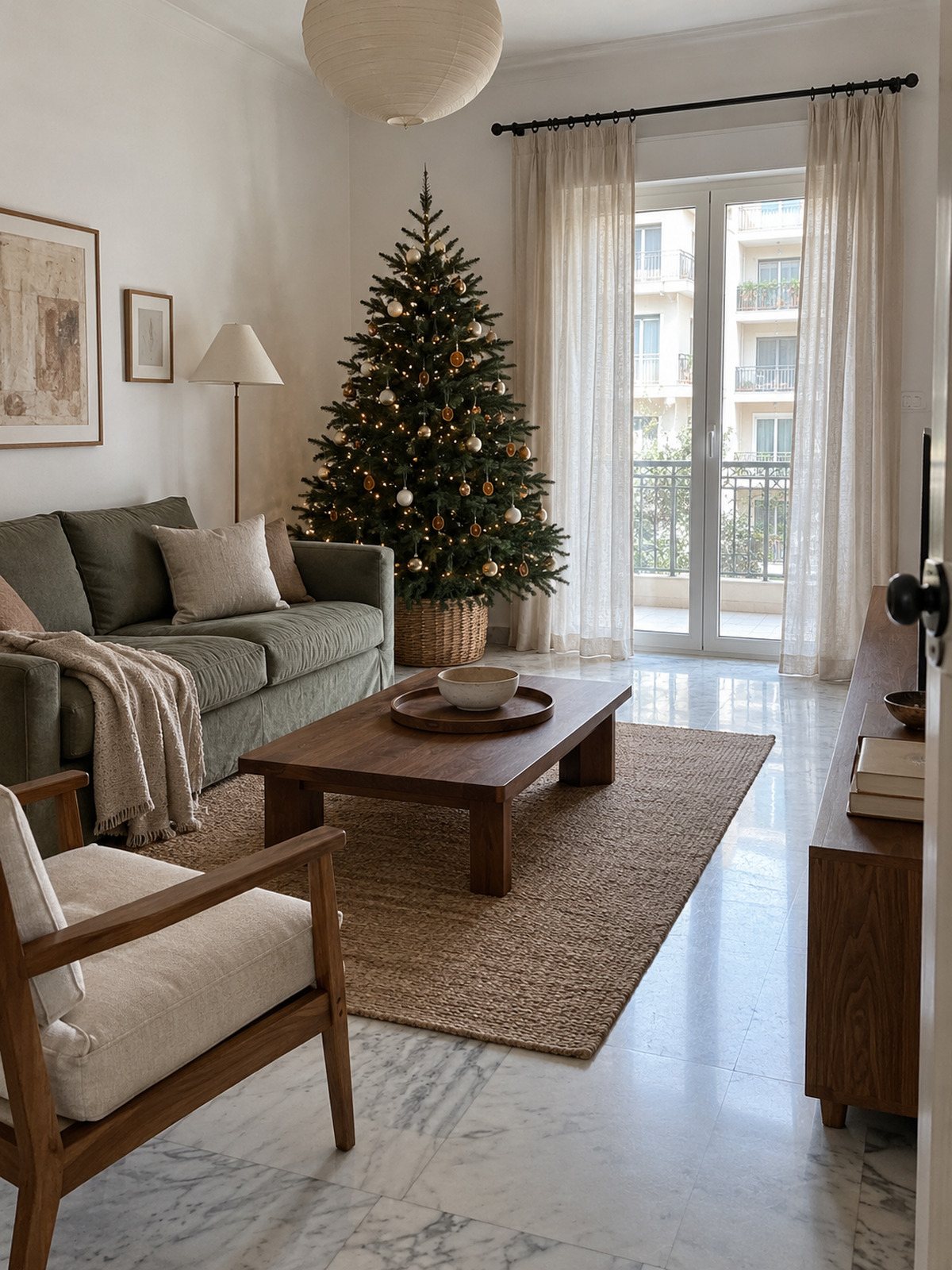 Χριστουγεννιάτικη διακόσμηση σαλονιού σε ελληνικό διαμέρισμα με έλατο στολισμένο με αποξηραμένα πορτοκάλια, πράσινο καναπέ και μαρμάρινο δάπεδο